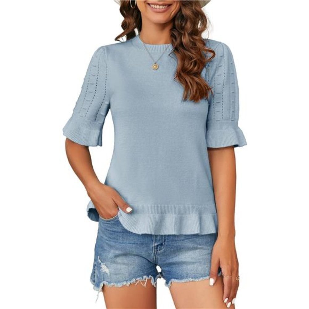Womens Spring Ruffle Short Sleeve Pullover Sweaters- Blue- Crew Neck